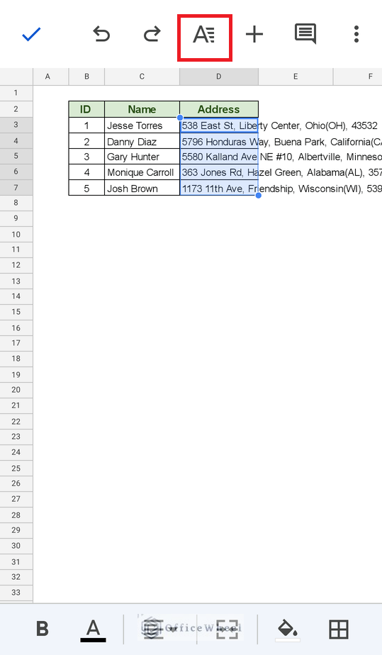 Format option in Google Sheets in a mobile device