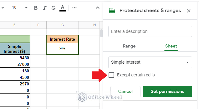 Except certain cells option