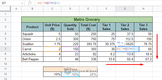 using fill handle to apply formula to the rest of the cells