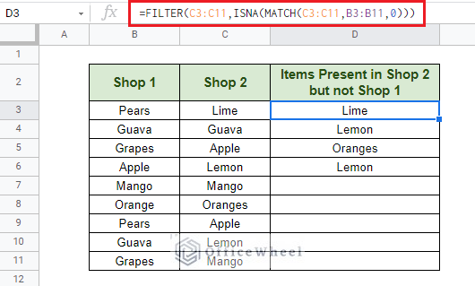 Using FILTER function to compare two columns in google sheets