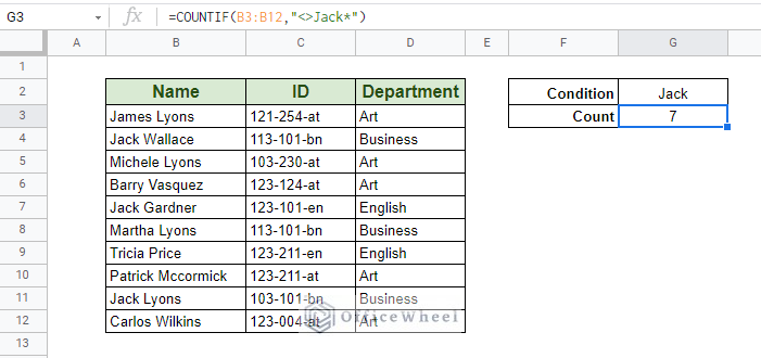 COUNTIF cells that do not contain partial text first in a cell