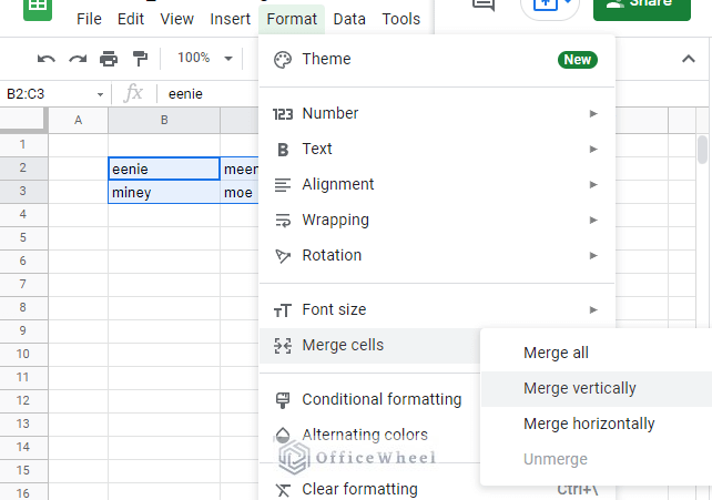 merge vertically from the format tab