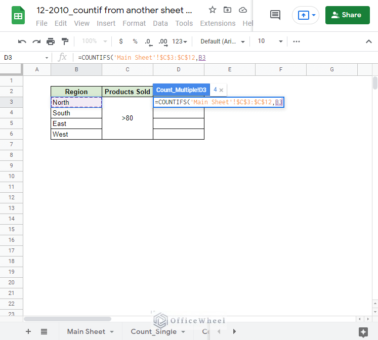 applying the first condition for COUNTIFS