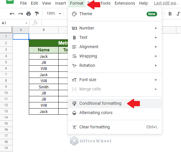 navigating to conditional formatting in google sheets