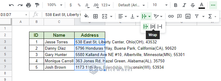 selecting the Wrap option
