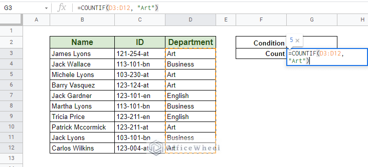 finalizing the COUNTIF function