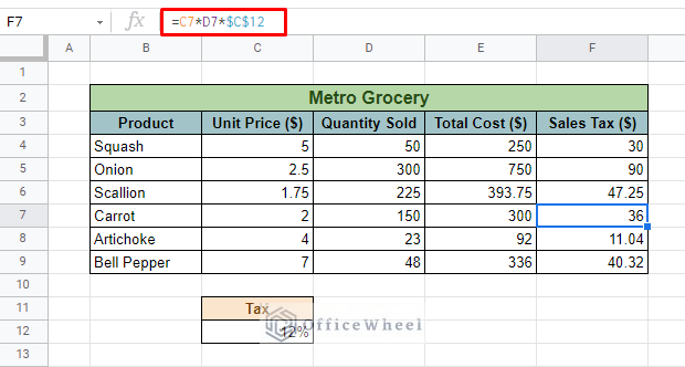 result of locking cell reference in Google Sheets