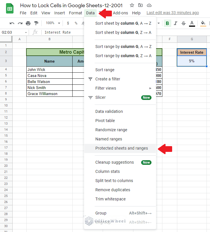 Toolbar navigation to Protected sheets and ranges option