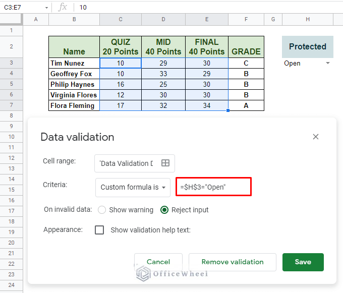 drop-down custom formula condition for conditional locking of cells in google sheets