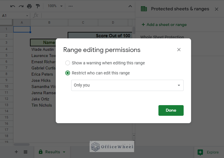 range editing permissions to protect range in google sheets