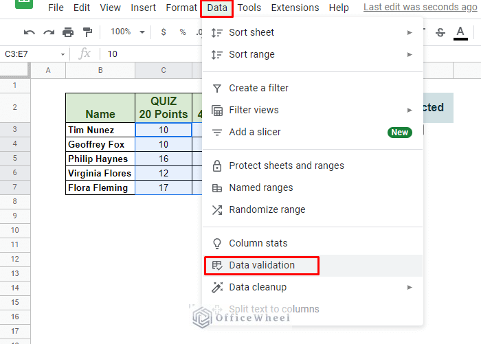 navigating to Data Validation from the Data tab