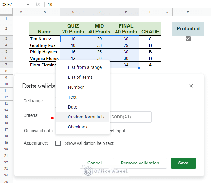 selecting custom formula is option in data validation