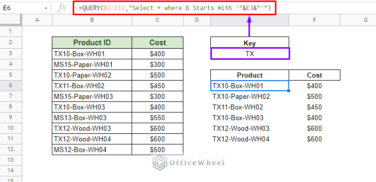 using the starts with clause of query in google sheets 