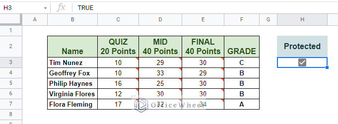 conditional locking of cells in google sheets using data validation