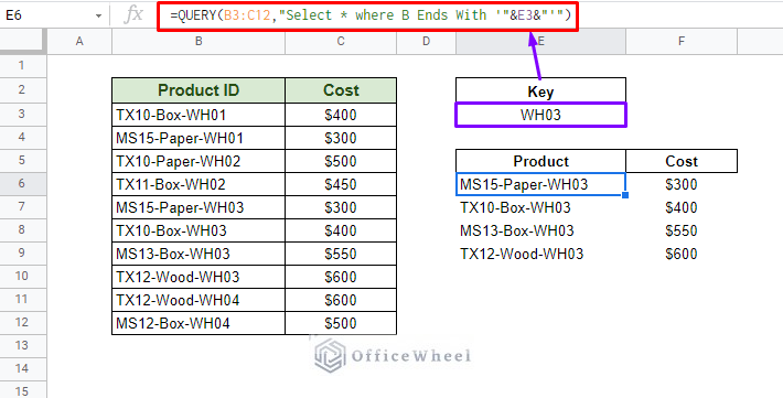 using ends with clause of query in google sheets
