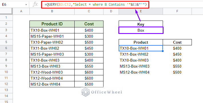 using contains clause for query in google sheets