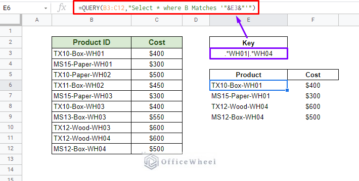 using matches clause for query cell reference in google sheets