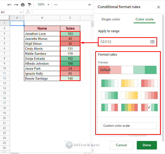 the format rules for color scale conditional formatting in google sheets