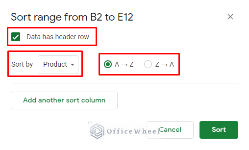 selecting first conditions for custom sort in google sheets
