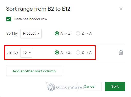 selecting the second custom sort conditions