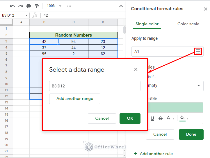 using the apply to range option in conditional formatting in google sheets