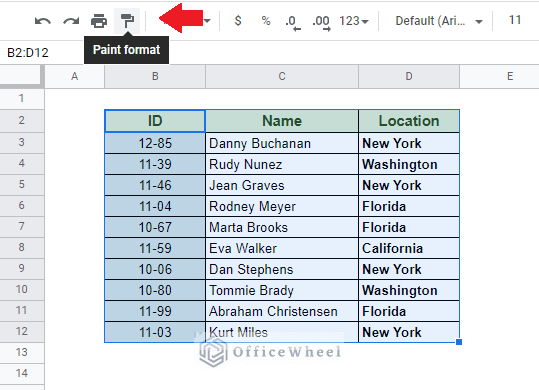 paint format option from the toolbar