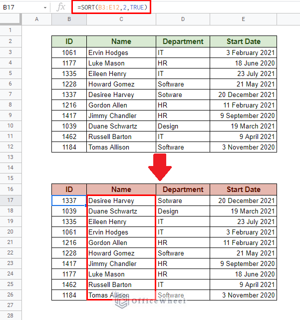 using sort function to sort by column