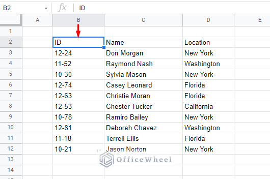 left click on the first cell of the dataset
