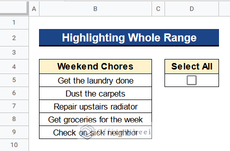 Dataset for Highlighting Whole Range to Use Conditional Formatting with a Checkbox
