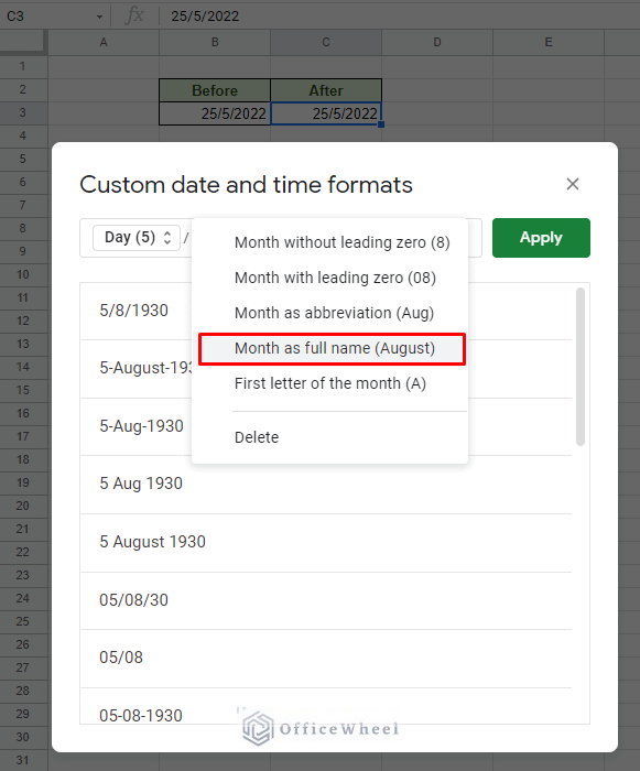 the month format options available