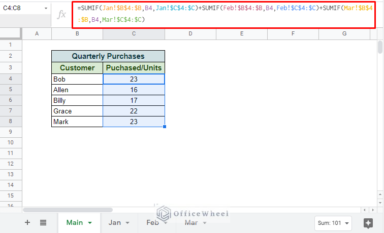 sumif from multiple worksheets in google sheets