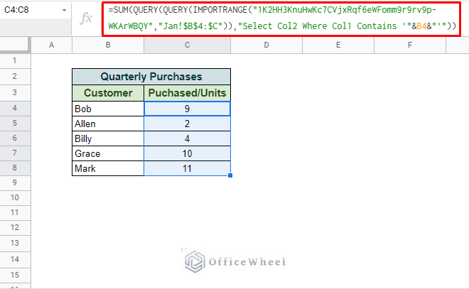 using query to sum conditionally from another spreadsheet in google sheets
