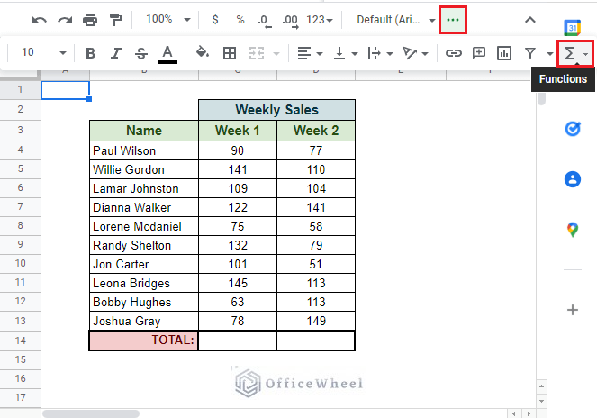 locating the functions tab in google sheets