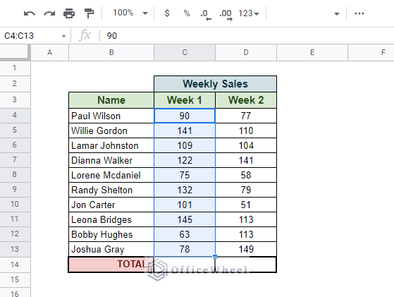selecting the range of cells to be auto summed in google sheets
