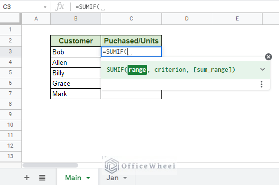 opening the sumif function