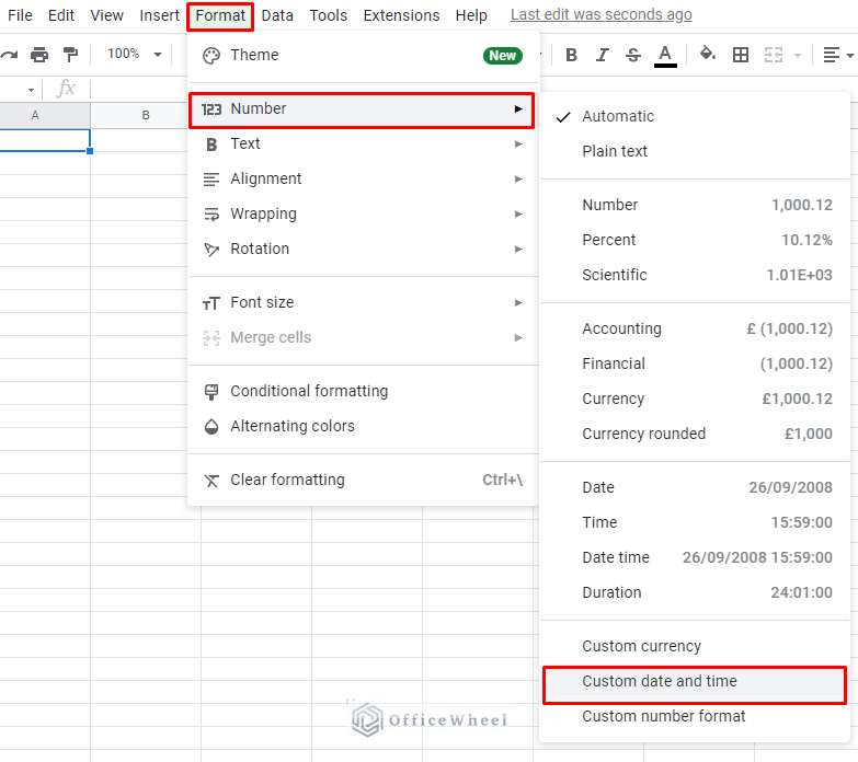 navigating to custom date and time from the format tab