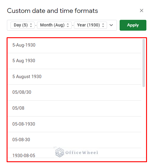 pre-existing date formats available in google sheets