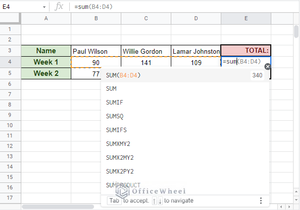 auto sum can also work with transposed values or rows