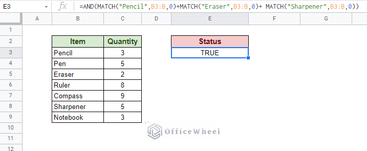 using match function to match multiple values in google sheets