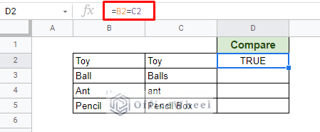 using comparison operator to compare text in google sheets