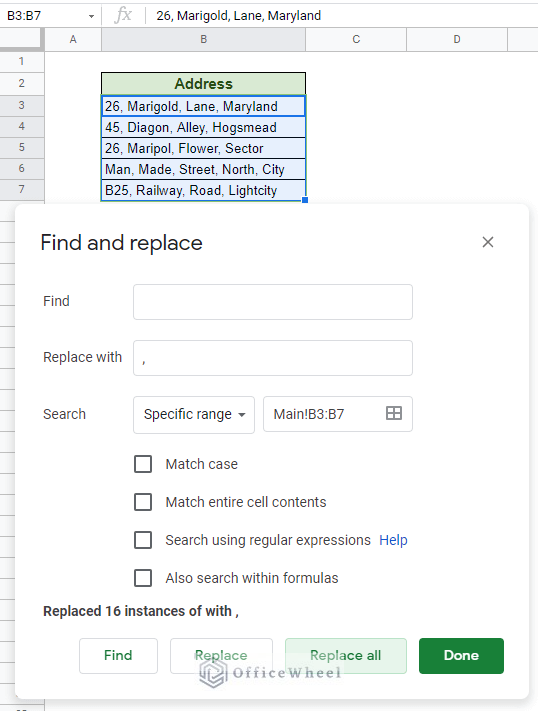 Replacing spaces with commas and whitespace over a fixed range
