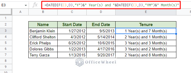 finding tenure in google sheets using datedif function
