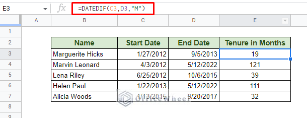 calculating tenure in months in google sheets