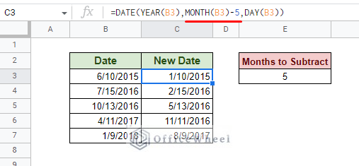subtract months from date in google sheets using the date function