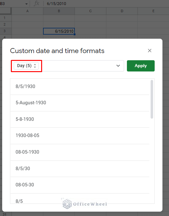 leave only the day tab in the custom formatting window