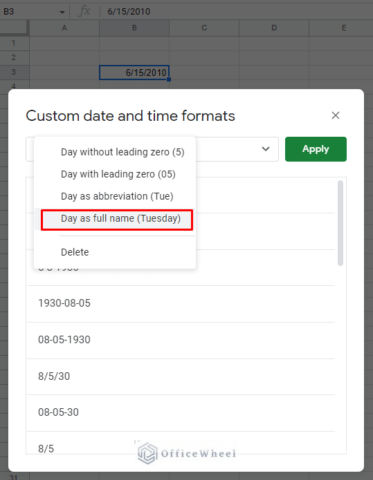 selecting day as full name option to get weekday name from date in google sheets