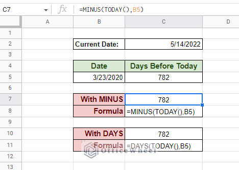 using minus and days function to find the number of days from today in google sheets