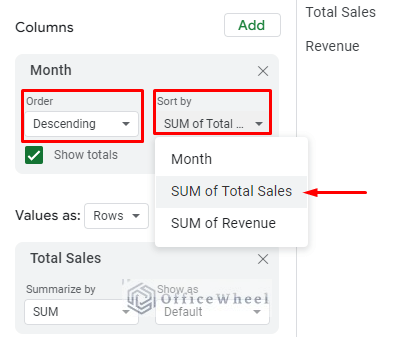 sorting conditions to sort pivot table by row