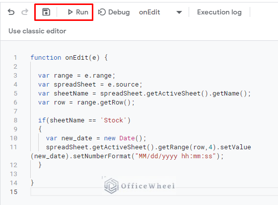 click on the save icon to apply the script