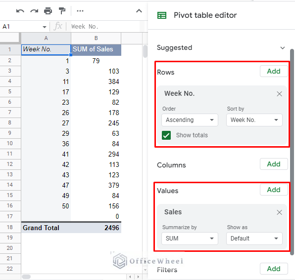 group by week number in google sheets pivot table